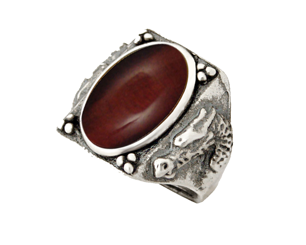 Sterling Silver Heavy Weight Dragon Ring With Red Tiger Eye Size 13